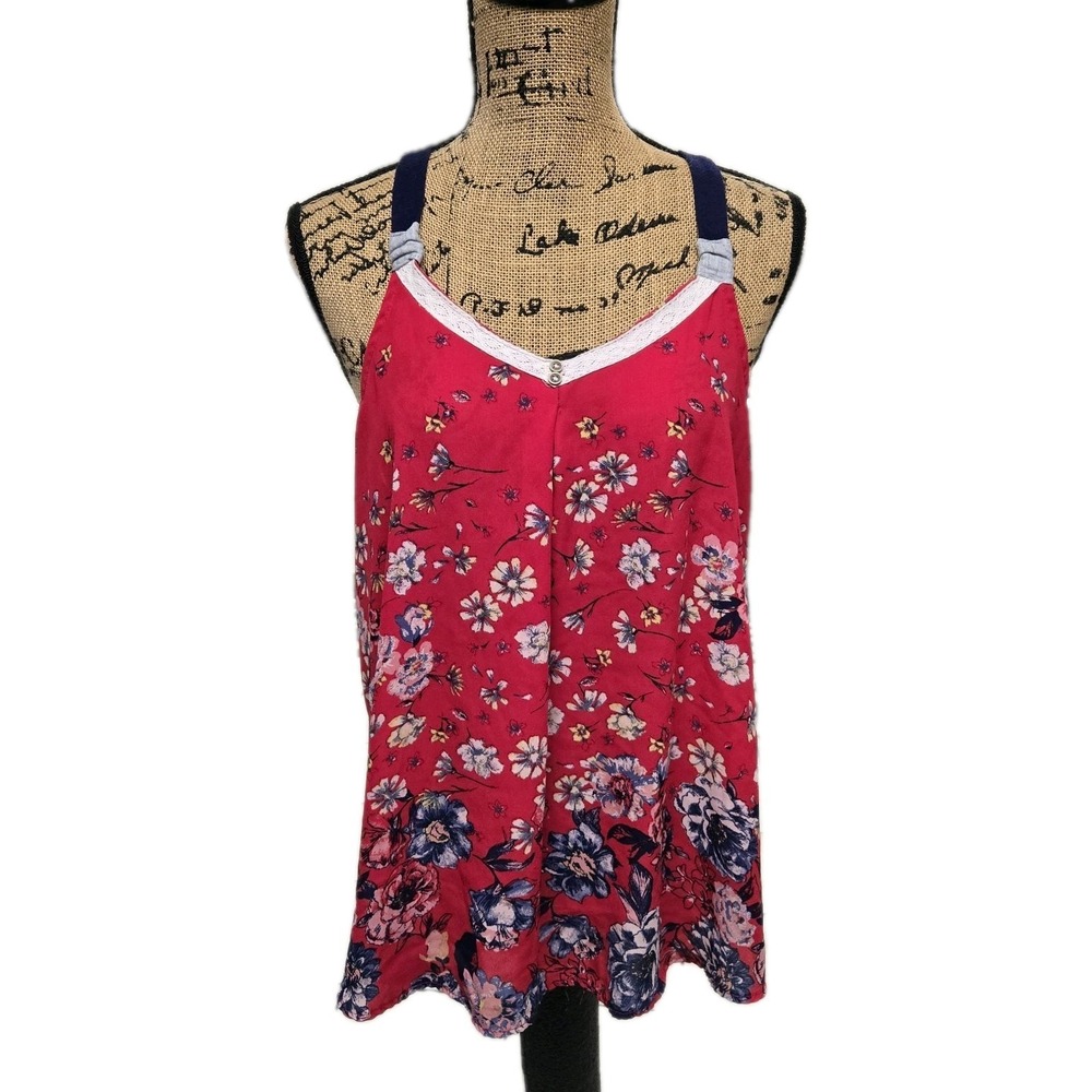 Vtg 90s Y2K Tank Top Red Floral Babydoll Vampy Fairycore Grunge Juniors Large